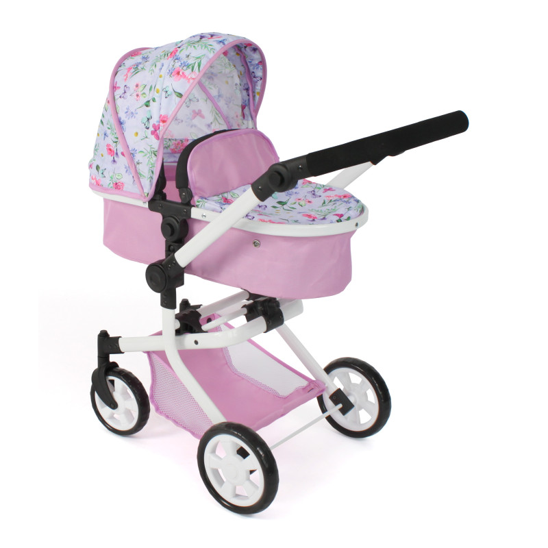 Poppenwagen Mika combi (bloemen wit/roze) Poppenwagen Mika combi (bloemen wit/roze)
