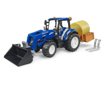Tractor New Holland T5.120 met frontlader, laadbak, vorken en ronde strobaal