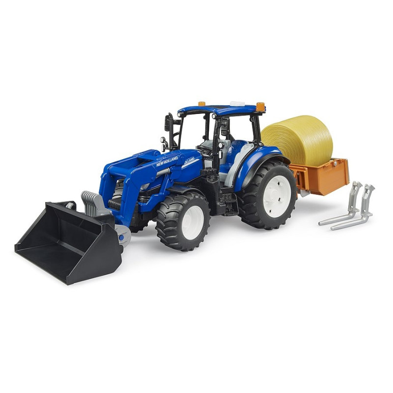 Tractor New Holland T5.120 met frontlader, laadbak, vorken en ronde strobaal Tractor New Holland T5.120 met frontlader, laadbak, vorken en ronde strobaal