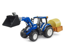 Tractor New Holland T5.120 met frontlader, laadbak, vorken en ronde strobaal Tractor New Holland T5.120 met frontlader, laadbak, vorken en ronde strobaal
