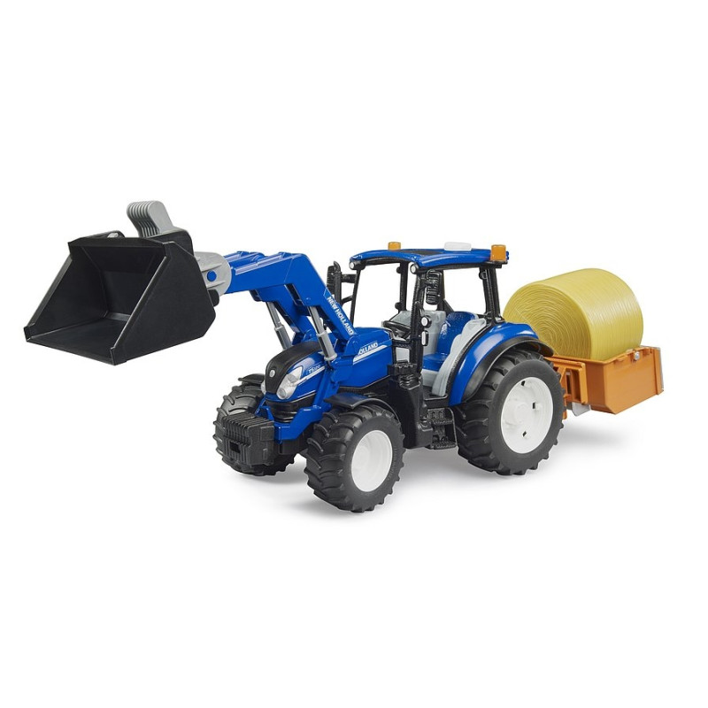 Tractor New Holland T5.120 met frontlader, laadbak, vorken en ronde strobaal Tractor New Holland T5.120 met frontlader, laadbak, vorken en ronde strobaal
