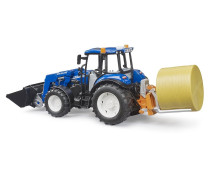 Tractor New Holland T5.120 met frontlader, laadbak, vorken en ronde strobaal Tractor New Holland T5.120 met frontlader, laadbak, vorken en ronde strobaal