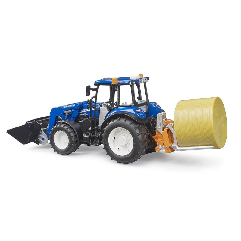 Tractor New Holland T5.120 met frontlader, laadbak, vorken en ronde strobaal Tractor New Holland T5.120 met frontlader, laadbak, vorken en ronde strobaal
