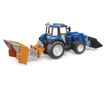 Tractor New Holland T5.120 met frontlader, laadbak, vorken en ronde strobaal Tractor New Holland T5.120 met frontlader, laadbak, vorken en ronde strobaal