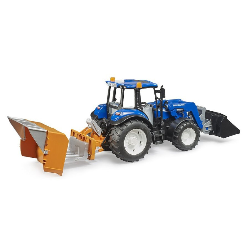 Tractor New Holland T5.120 met frontlader, laadbak, vorken en ronde strobaal Tractor New Holland T5.120 met frontlader, laadbak, vorken en ronde strobaal