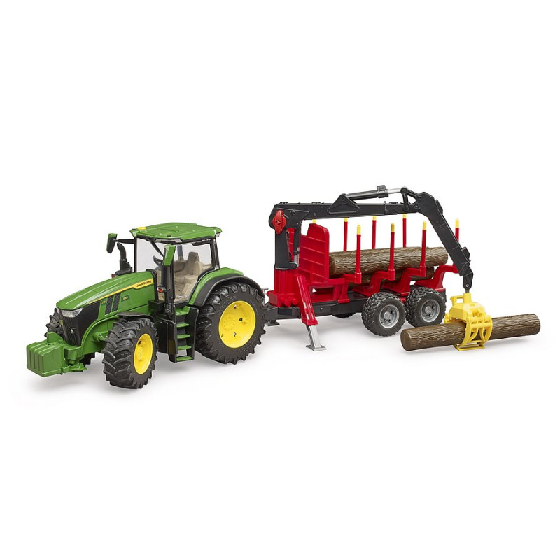 John Deere met bosbouwtrailer en boomstammen John Deere met bosbouwtrailer en boomstammen