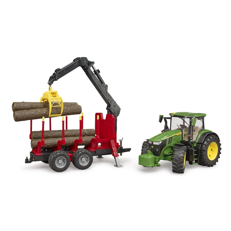 John Deere met bosbouwtrailer en boomstammen John Deere met bosbouwtrailer en boomstammen