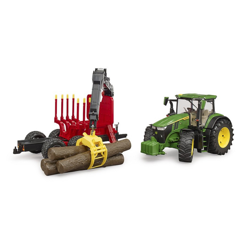John Deere met bosbouwtrailer en boomstammen John Deere met bosbouwtrailer en boomstammen