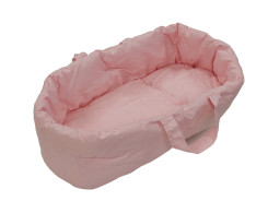 Poppendraagmand 47cm roze/wit stippen