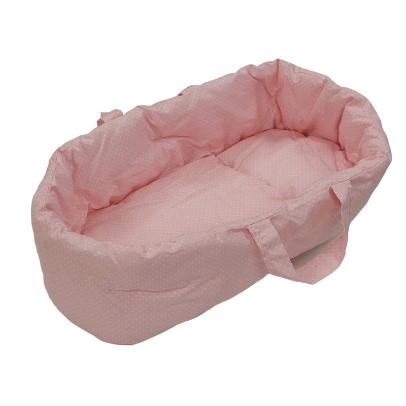 Poppendraagmand 47cm roze/wit stippen