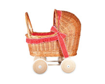 Poppenwagen riet rood met witte stippen KR