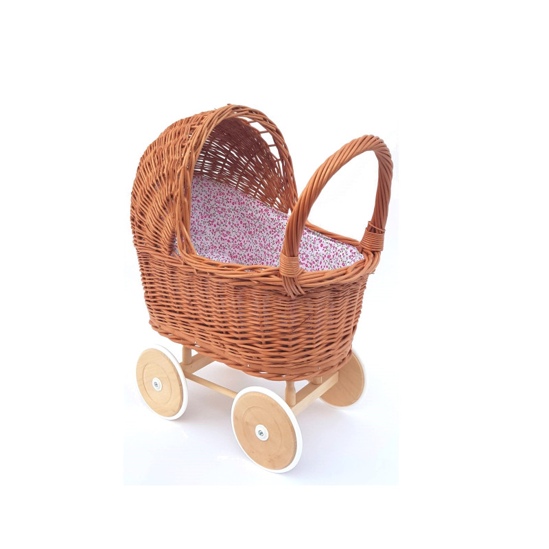 Poppenwagen riet met bloemetjesstof Poppenwagen riet met bloemetjesstof