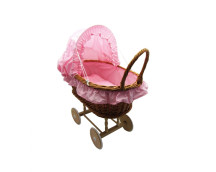 Rieten poppenwagen met stoffen kap