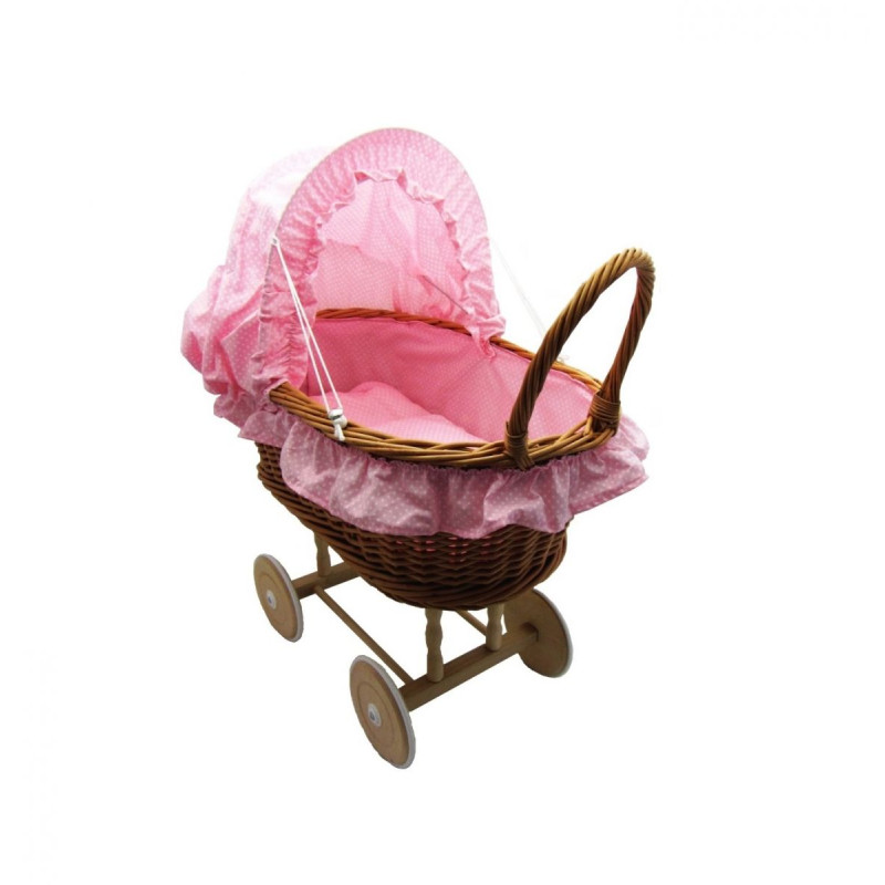 Rieten poppenwagen met stoffen kap