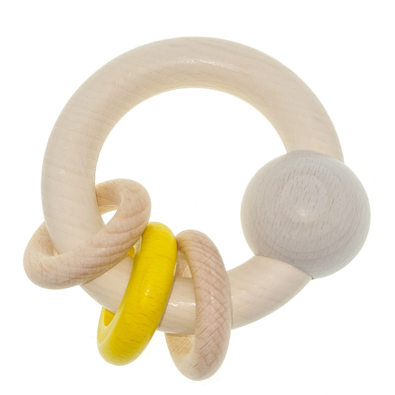 Rammelaar bol 3 ringen (naturel/geel) Rammelaar bol 3 ringen (naturel/geel)