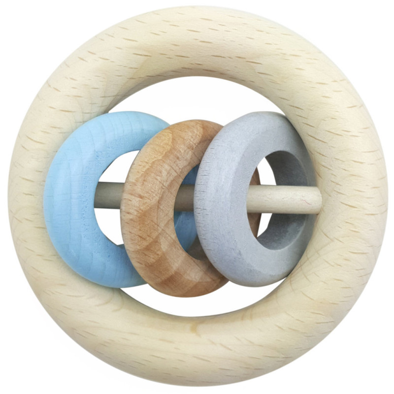 Rammelaar met 3 ringen (naturel/blauw) Rammelaar met 3 ringen (naturel/blauw)