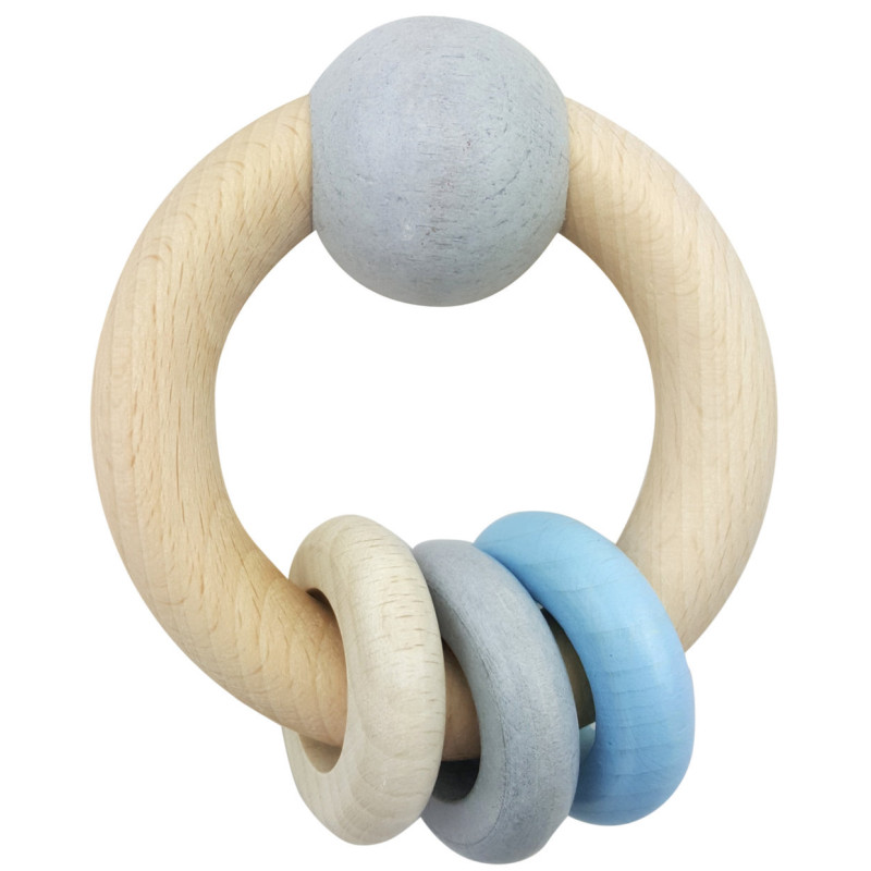 Rammelaar bol 3 ringen (naturel/blauw) Rammelaar bol 3 ringen (naturel/blauw)