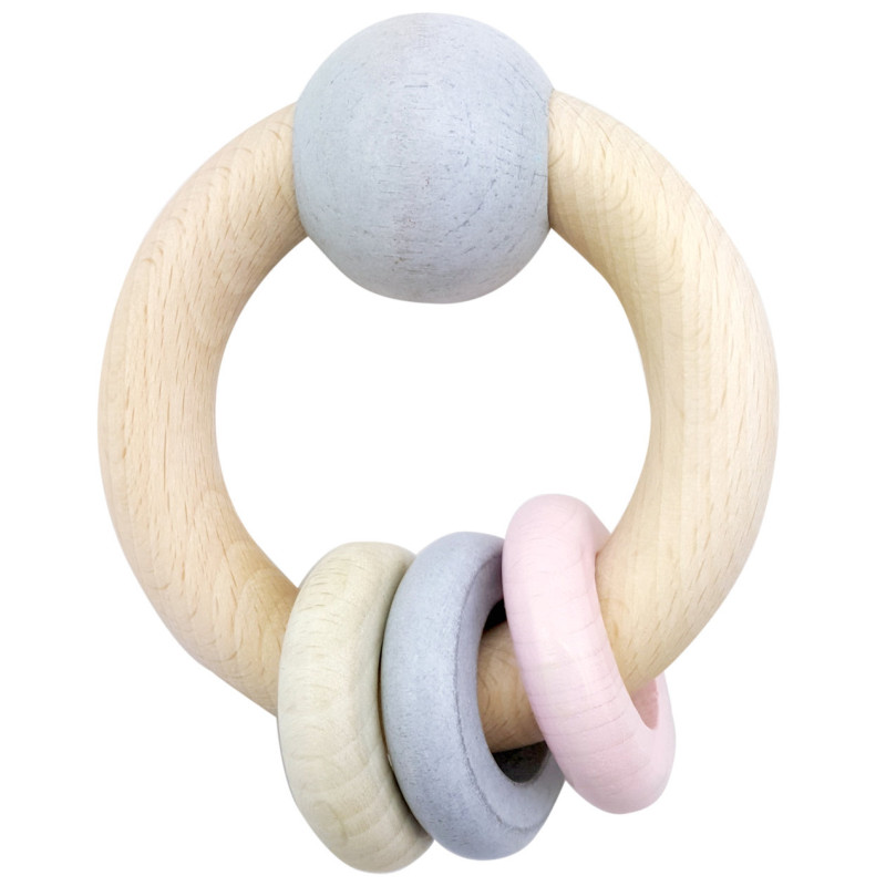 Rammelaar bol 3 ringen (naturel/roze) Rammelaar bol 3 ringen (naturel/roze)