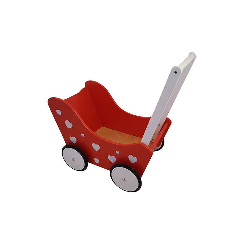 Houten poppenwagen rood met witte hartje
