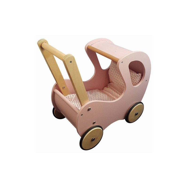 Houten poppenwagen retro lichtroze met dekbed