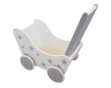 Houten poppenwagen wit + zilver sterren
