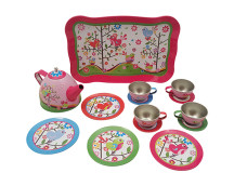 Blikken servies (bloem/vogel) in doos