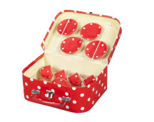 Servies in koffer porselein, rood/wit stip
