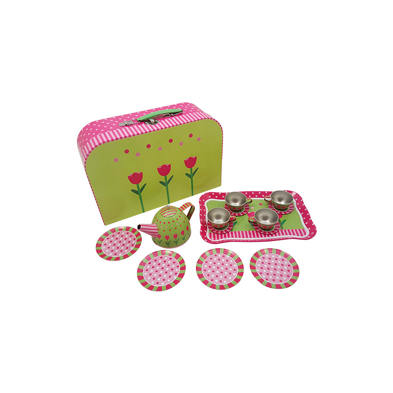 Blikken servies (tulpdecor) in koffer Blikken servies (tulpdecor) in koffer