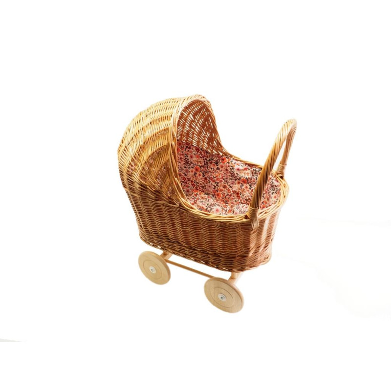 Rieten poppenwagen met kap retro flowers Rieten poppenwagen met kap retro flowers