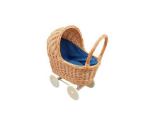 Rieten poppenwagen met kap jeans