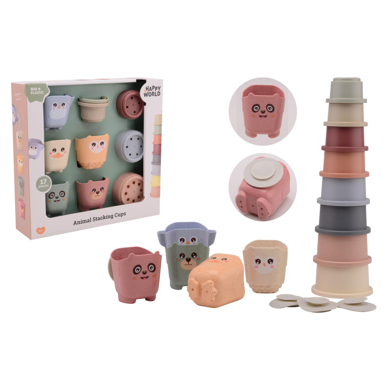 Happy World bio plastic stapel emmers en bekers in doos Happy World bio plastic stapel emmers en bekers in doos