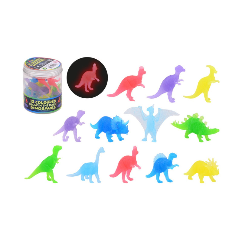 Glow in the dark gekleurde dino's in koker, 12 stuks Glow in the dark gekleurde dino's in koker, 12 stuks
