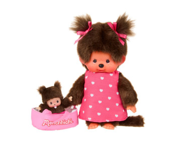 Monchhichi (20 cm) met MiniBebichhichi in draagmandje