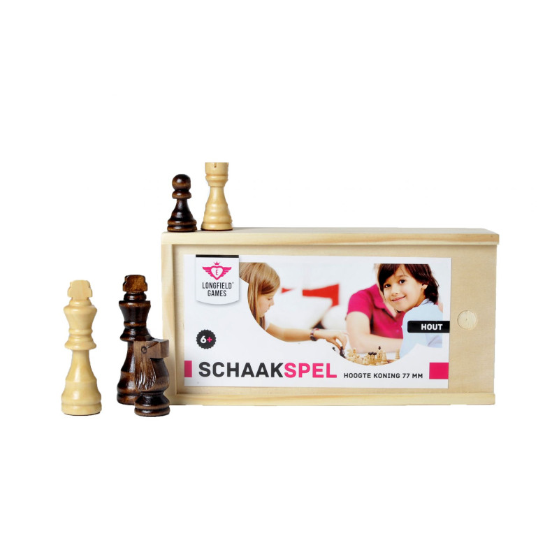 Schaakstukken in houten kistje Schaakstukken in houten kistje