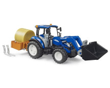 Tractor New Holland T5.120 met frontlader, laadbak, vorken en ronde strobaal Tractor New Holland T5.120 met frontlader, laadbak, vorken en ronde strobaal