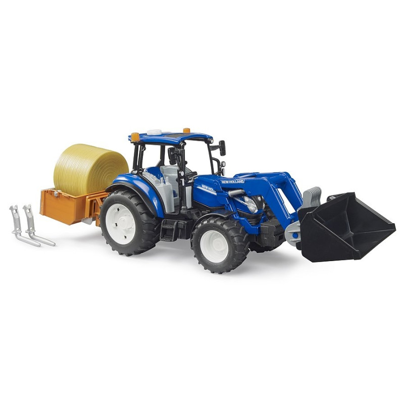Tractor New Holland T5.120 met frontlader, laadbak, vorken en ronde strobaal Tractor New Holland T5.120 met frontlader, laadbak, vorken en ronde strobaal
