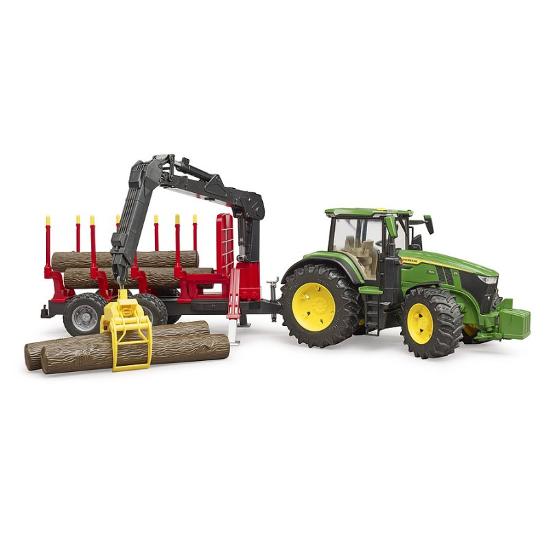 John Deere met bosbouwtrailer en boomstammen John Deere met bosbouwtrailer en boomstammen