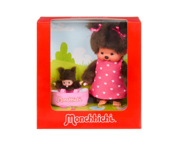 Monchhichi (20 cm) met MiniBebichhichi in draagmandje