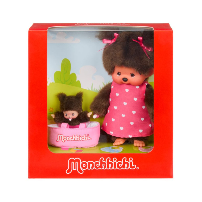 Monchhichi (20 cm) met MiniBebichhichi in draagmandje