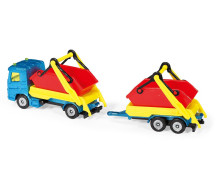 Vrachtwagen met container en aanhanger
Vrachtwagen met container en aanhanger
