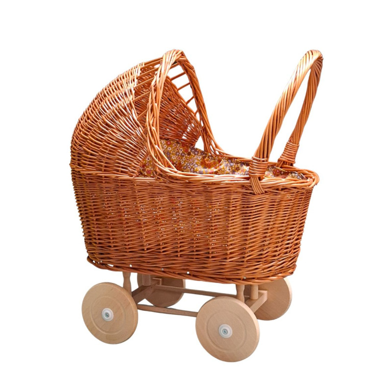 Rieten poppenwagen met kap little flowers