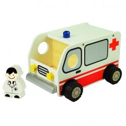 Houten ambulance met speelfiguur