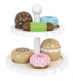 Houten cakestandaard met taartjes