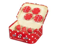 Servies in koffer porselein, rood/wit stip