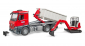 MB Arocs truck met afrolcontainer en minigraafmachine